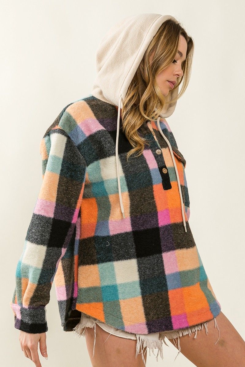 Ladies BiBi Multi Colors Vintage Brushed Fleece Checker Hoodie