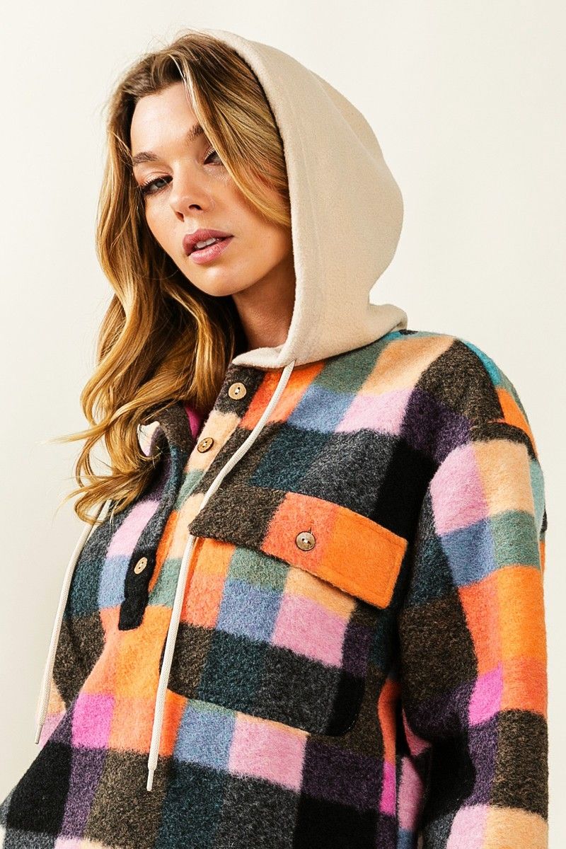 Ladies BiBi Multi Colors Vintage Brushed Fleece Checker Hoodie