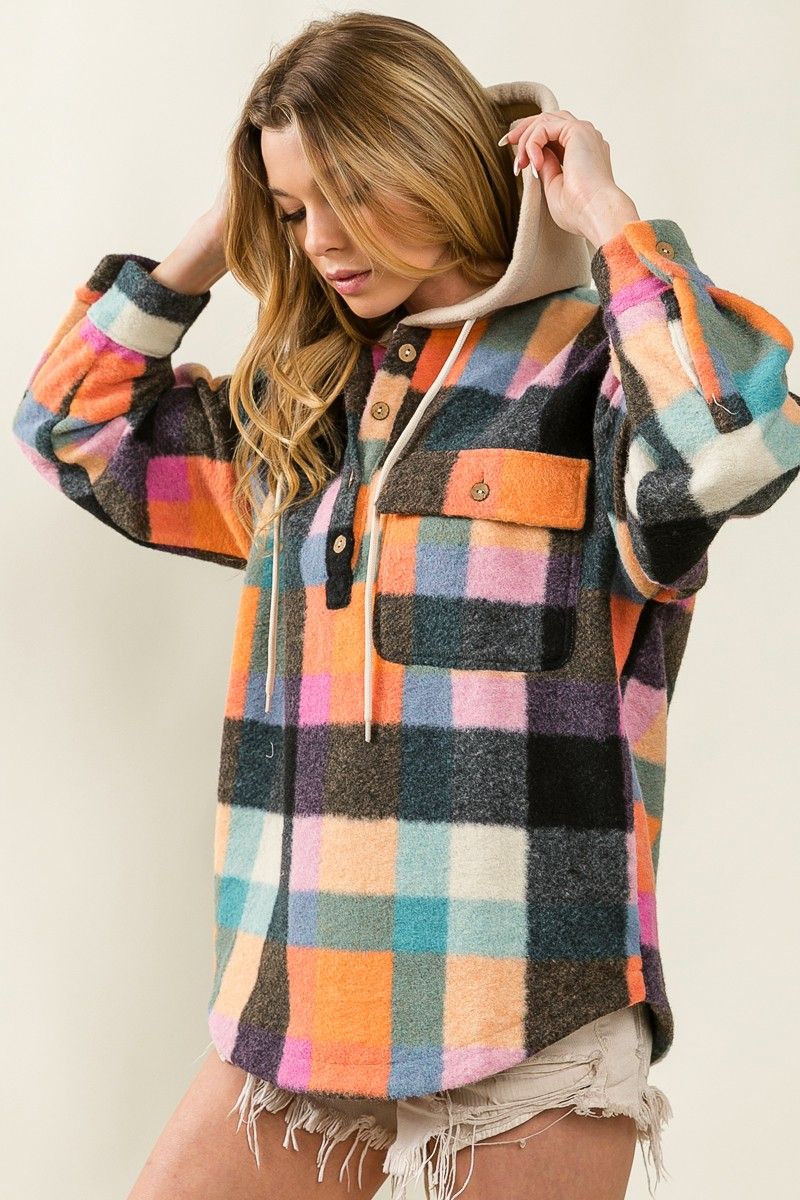 Ladies BiBi Multi Colors Vintage Brushed Fleece Checker Hoodie