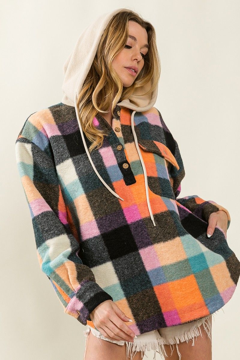 Ladies BiBi Multi Colors Vintage Brushed Fleece Checker Hoodie