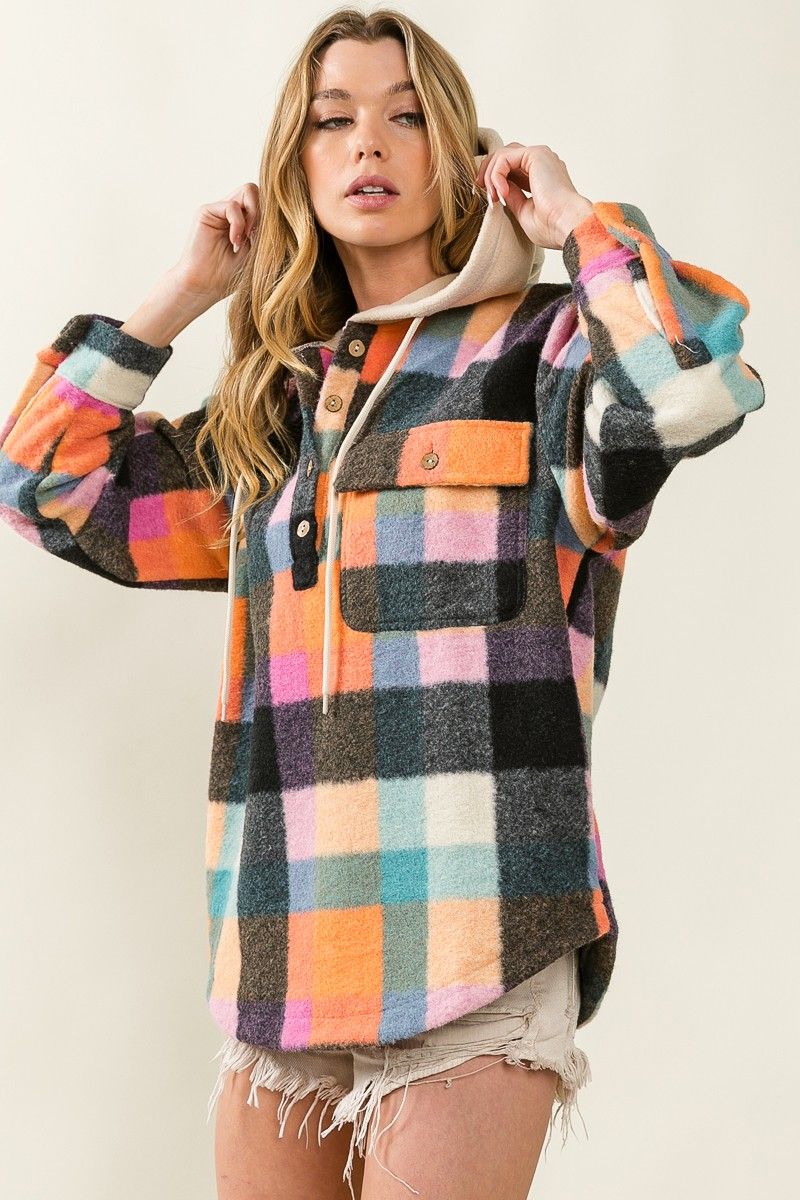 Ladies BiBi Multi Colors Vintage Brushed Fleece Checker Hoodie