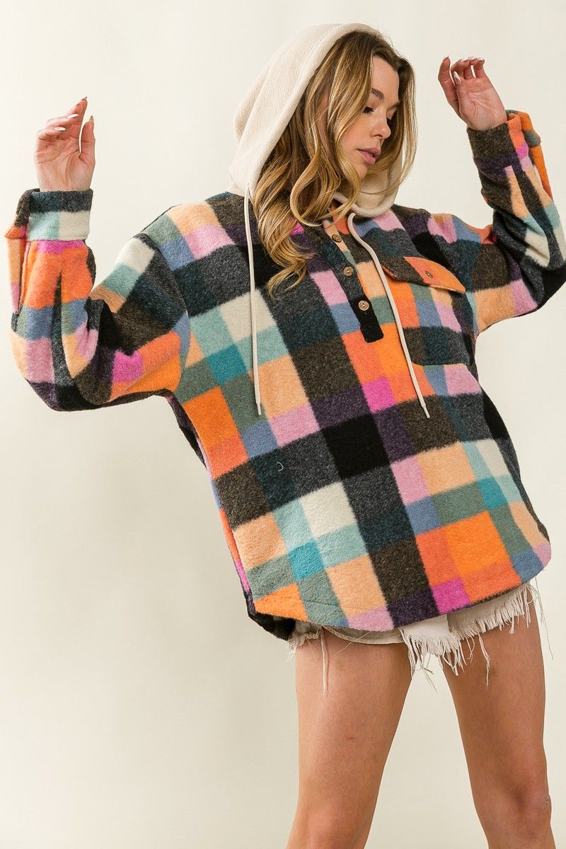 Ladies BiBi Multi Colors Vintage Brushed Fleece Checker Hoodie