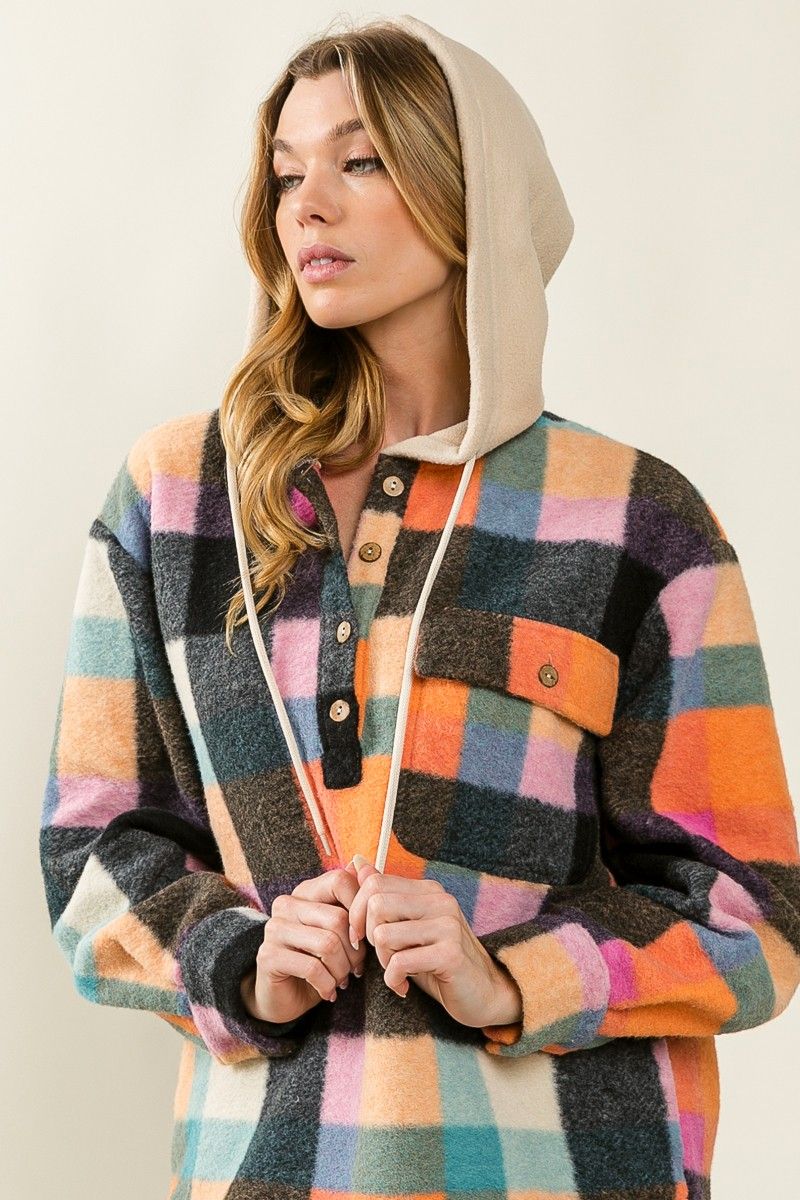 Ladies BiBi Multi Colors Vintage Brushed Fleece Checker Hoodie