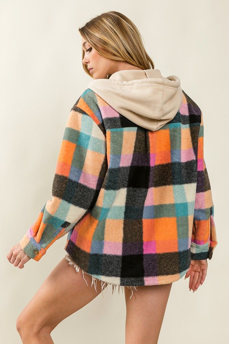 Ladies BiBi Multi Colors Vintage Brushed Fleece Checker Hoodie