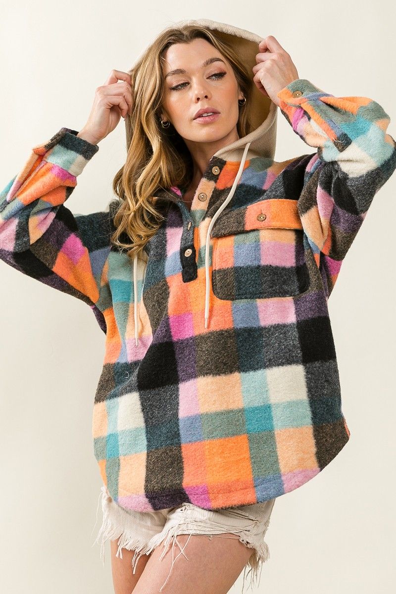 Ladies BiBi Multi Colors Vintage Brushed Fleece Checker Hoodie