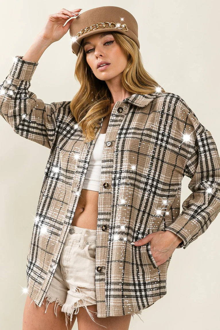 Ladies BiBi Allover Sequins Vintage Plaid Top-Latte