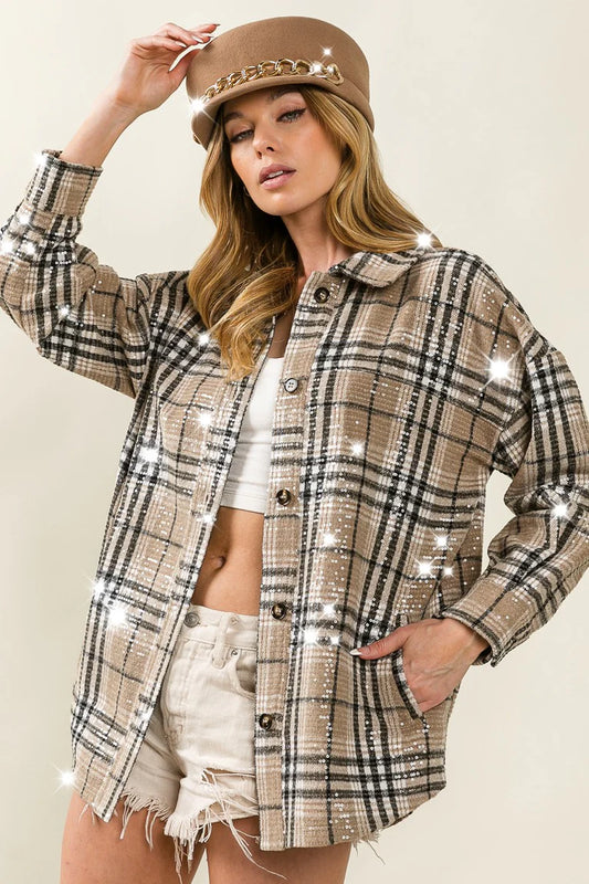 Ladies BiBi Allover Sequins Vintage Plaid Top-Latte