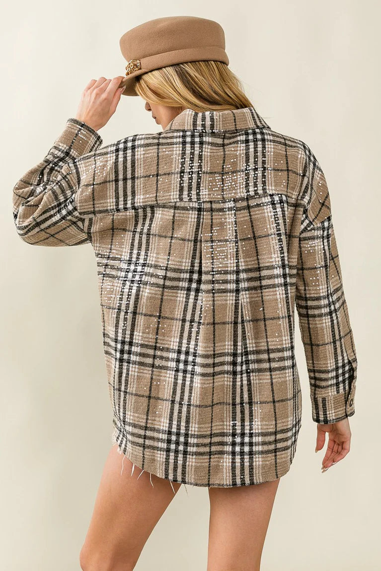 Ladies BiBi Allover Sequins Vintage Plaid Top-Latte