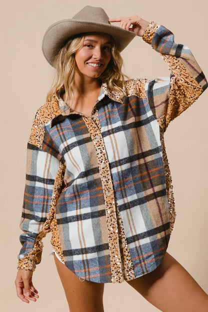 Ladies BiBi Plaid and Sequin Velvet Shacket-Latte