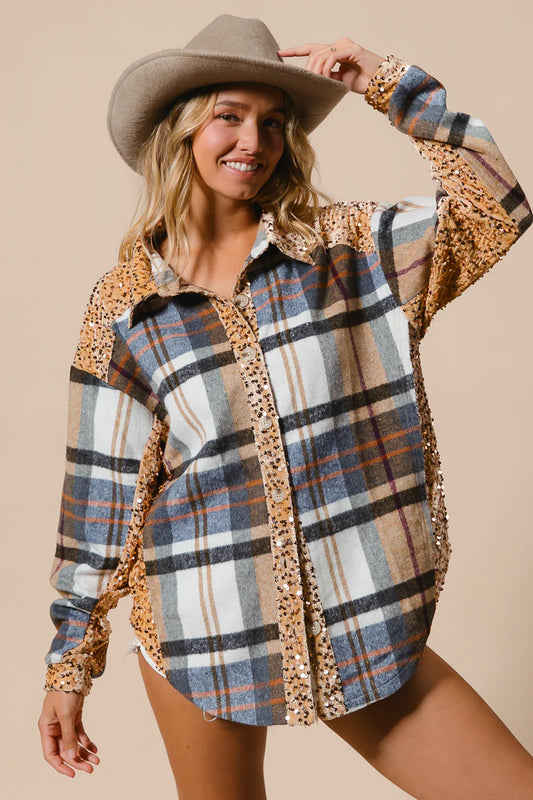 Ladies BiBi Plaid and Sequin Velvet Shacket-Latte