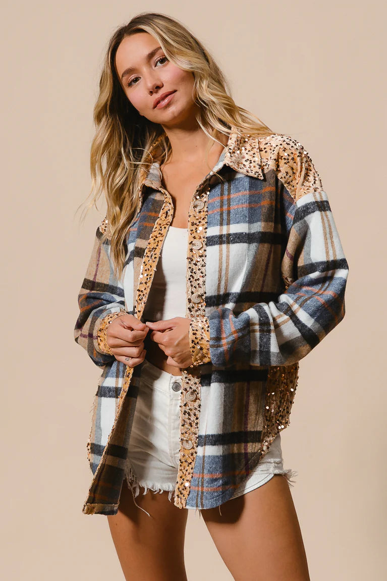 Ladies BiBi Plaid and Sequin Velvet Shacket-Latte
