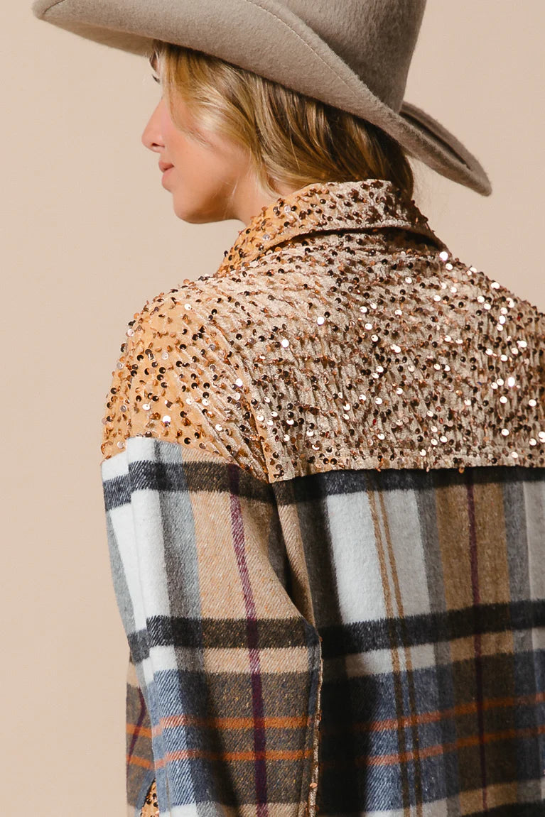 Ladies BiBi Plaid and Sequin Velvet Shacket-Latte