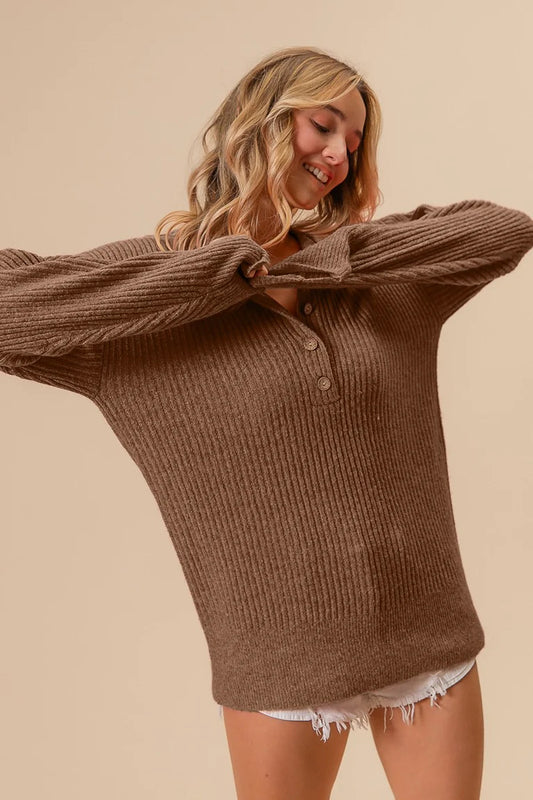 Ladies Bibi Buttoned Crew Neck Sweater Knit Top - Brown