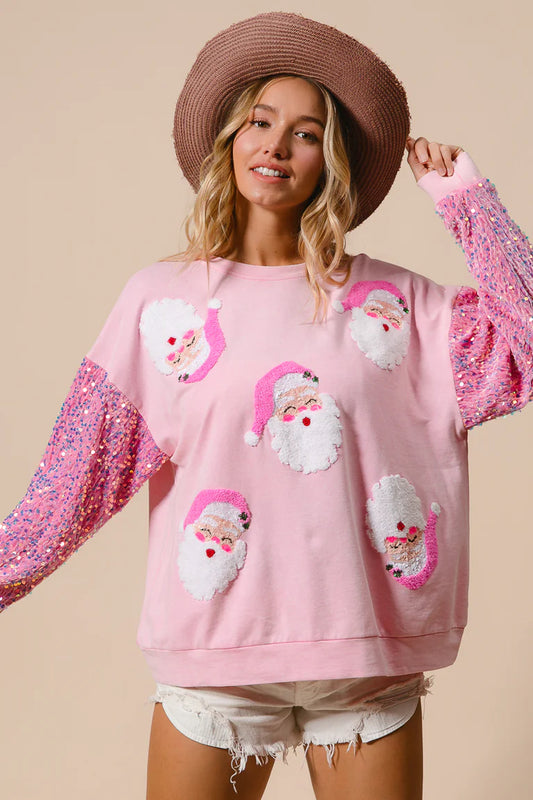 Ladies BiBI Velvet Sequin Santa Sweatshirt-Pink