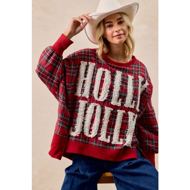 Ladies Holly Jolly Christmas Plaid Oversized Sweatshirt-Red Plaid