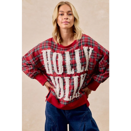 Ladies Holly Jolly Christmas Plaid Oversized Sweatshirt-Red Plaid