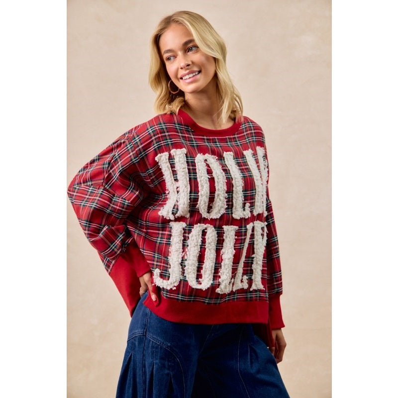 Ladies Holly Jolly Christmas Plaid Oversized Sweatshirt-Red Plaid