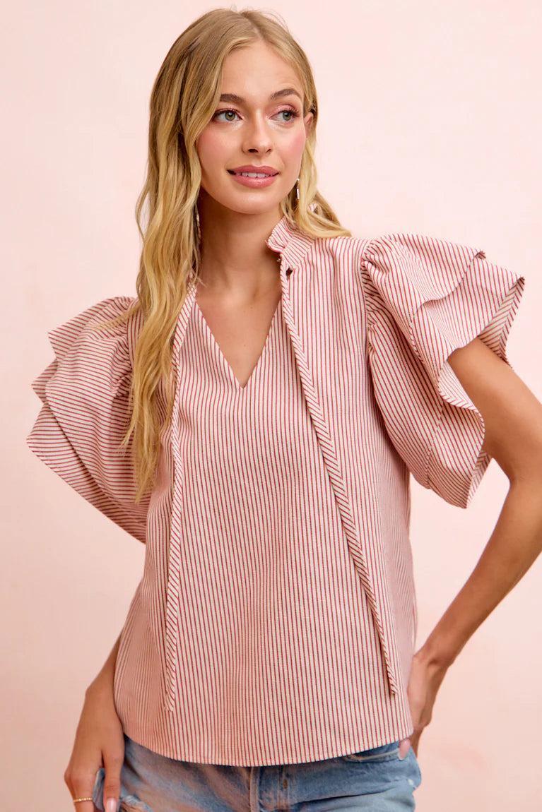 Ladies Woven Ruffled Sleeves Top-Red