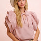 Ladies Woven Ruffled Sleeves Top-Red