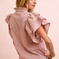 Ladies Woven Ruffled Sleeves Top-Red