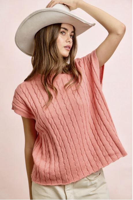 Ladies Sleeveless Cableknit Sweater-Washed Peach