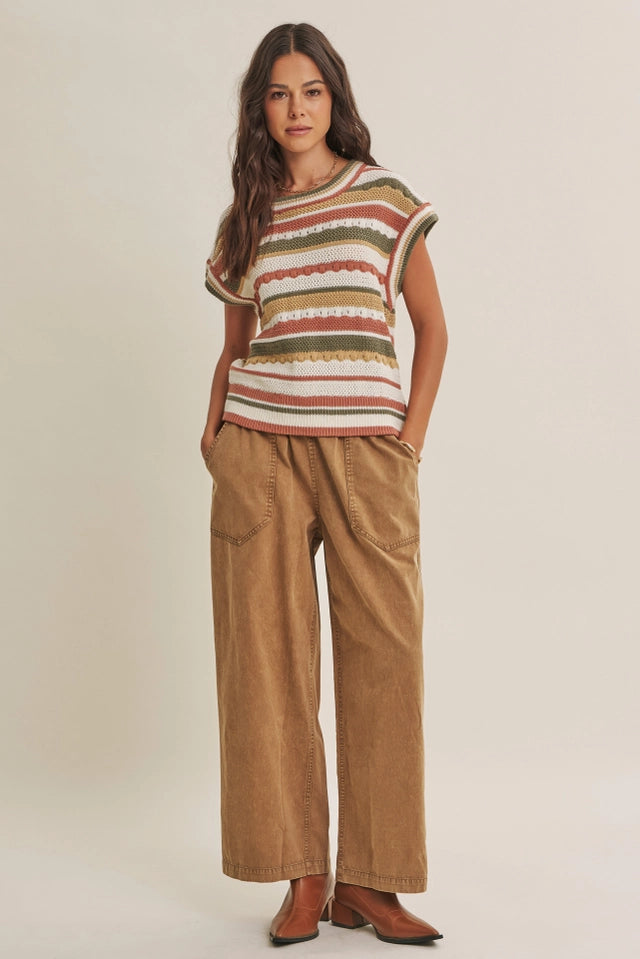 Ladies Textured Stripe Sweater Vest-Olive