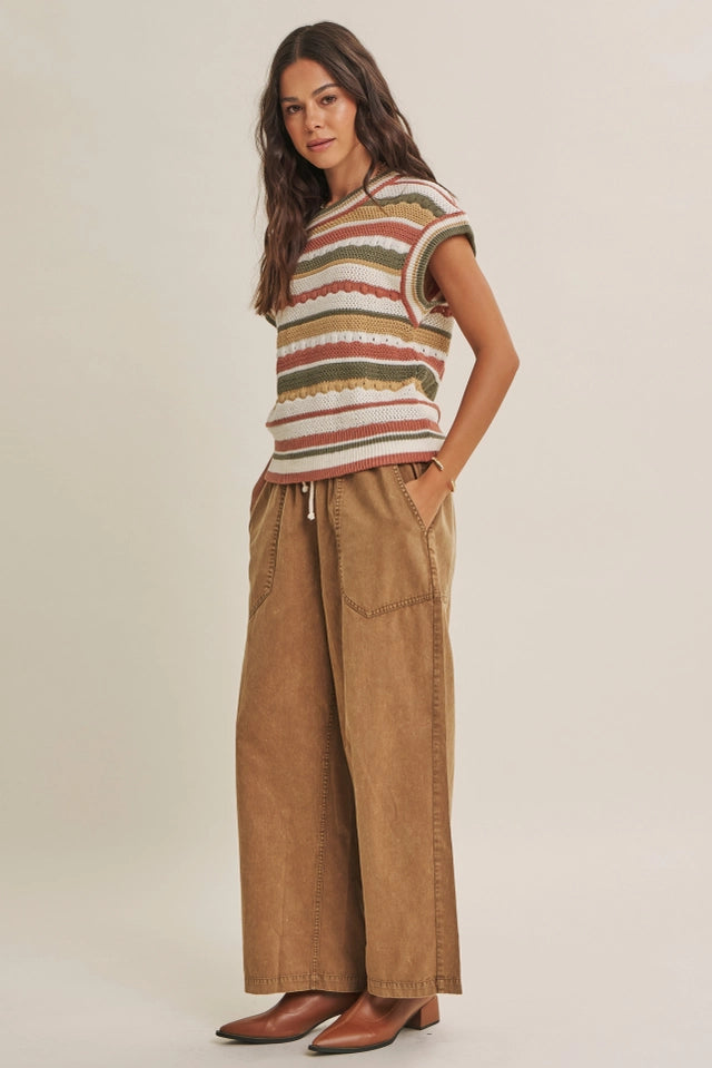 Ladies Textured Stripe Sweater Vest-Olive