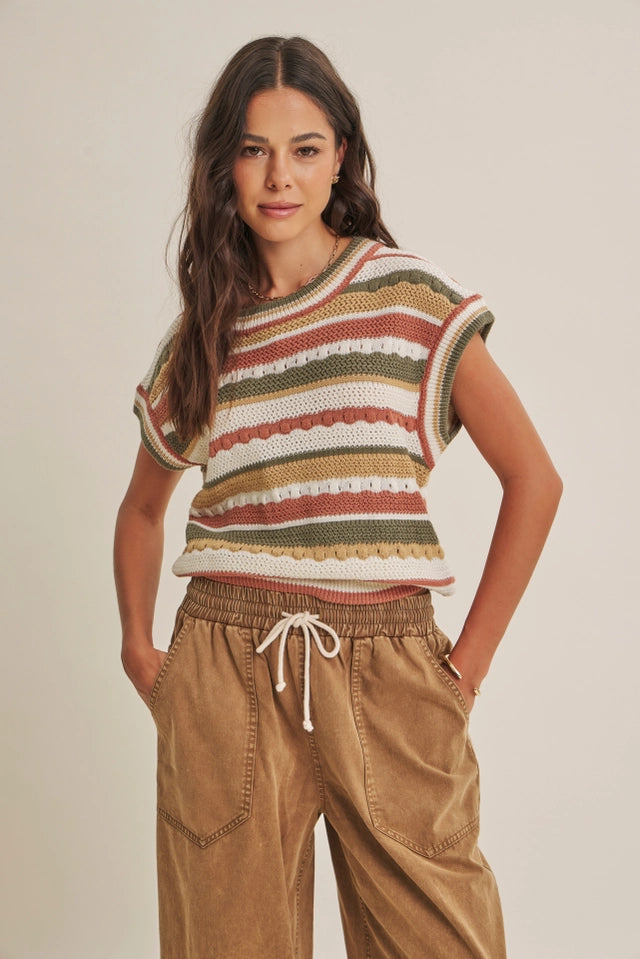 Ladies Textured Stripe Sweater Vest-Olive