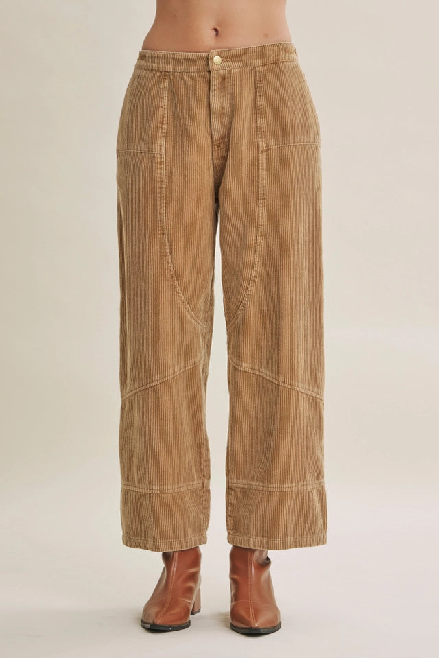 Ladies Western Horizon Mineral Washed Corduroy Barrel Pants-Camel