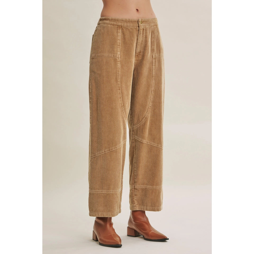 Ladies Western Horizon Mineral Washed Corduroy Barrel Pants-Camel