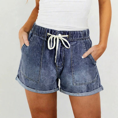 Ladies Vintage Washed High Waist Drawstring Denim Shorts-Blue