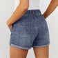 Ladies Vintage Washed High Waist Drawstring Denim Shorts-Blue