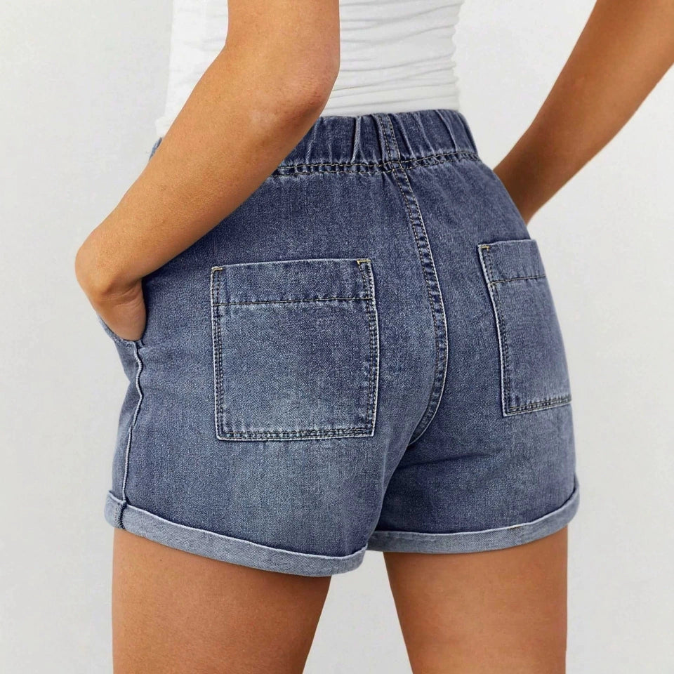 Ladies Vintage Washed High Waist Drawstring Denim Shorts-Blue