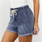 Ladies Vintage Washed High Waist Drawstring Denim Shorts-Blue