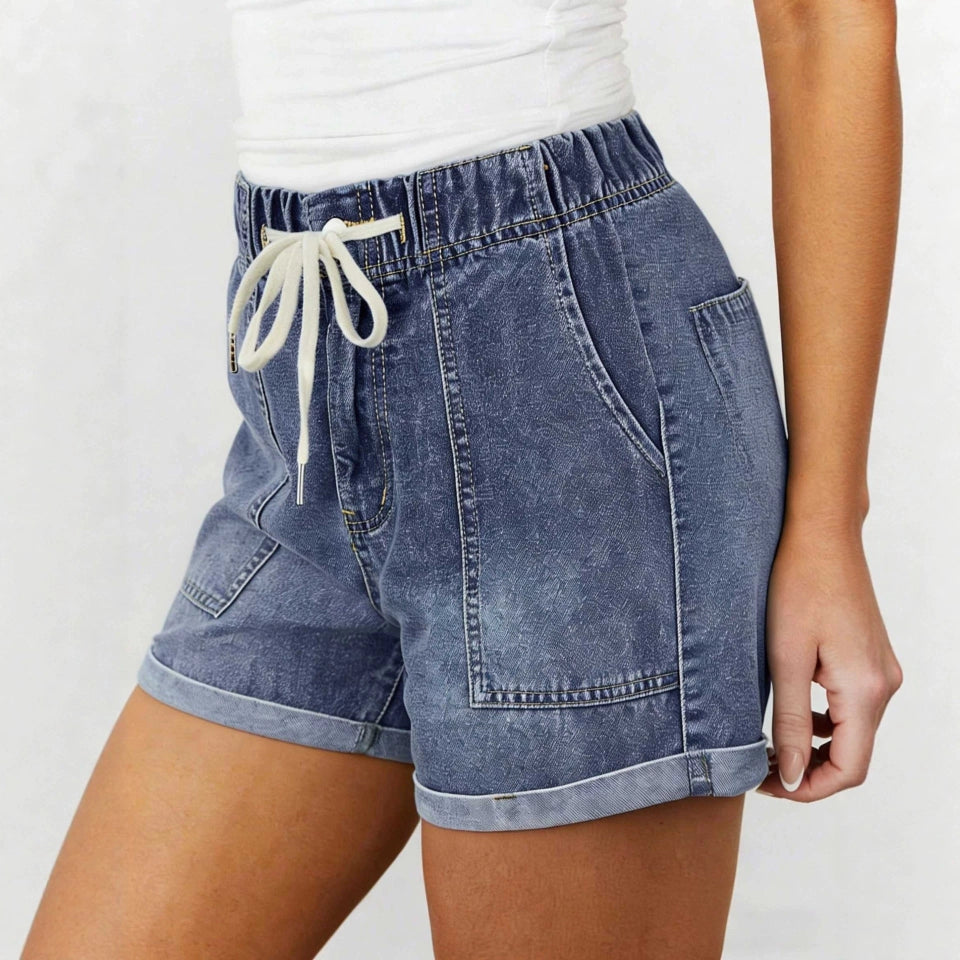 Ladies Vintage Washed High Waist Drawstring Denim Shorts-Blue