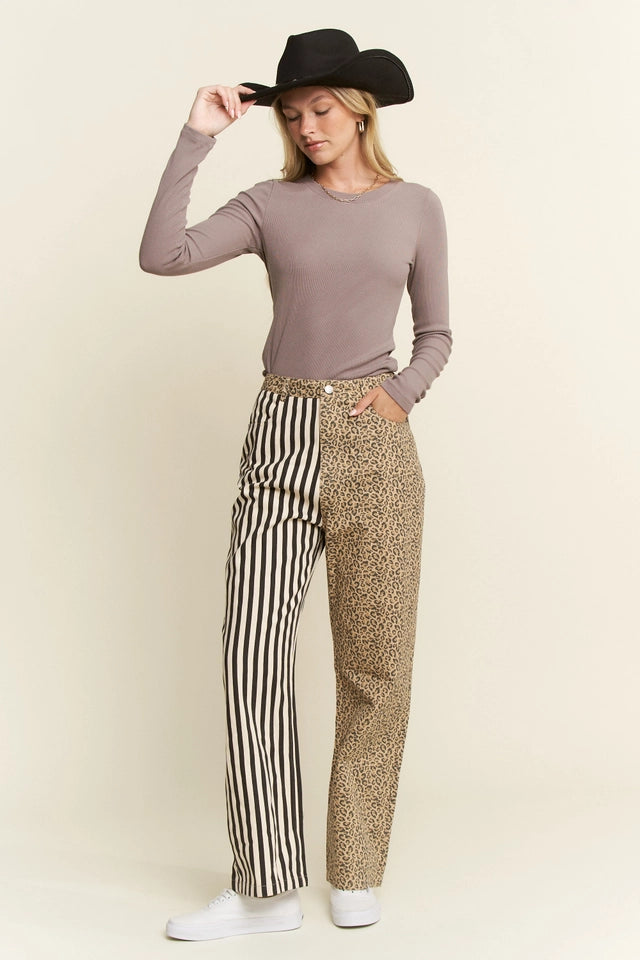 Ladies Mix & Match Leopard-Stripe Pants-Black