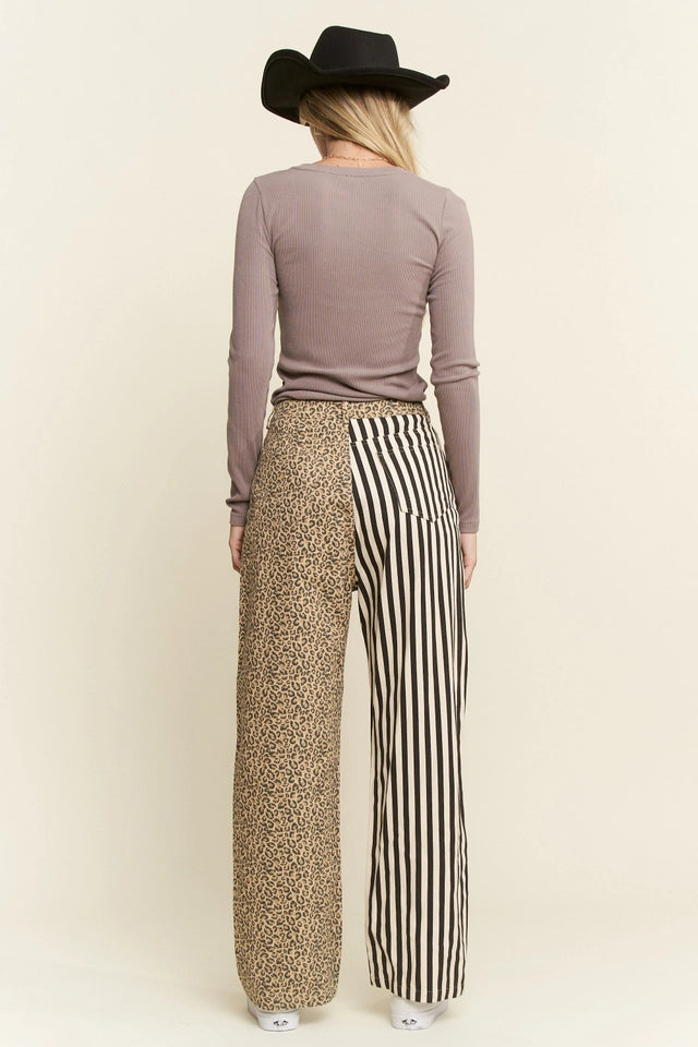 Ladies Mix & Match Leopard-Stripe Pants-Black