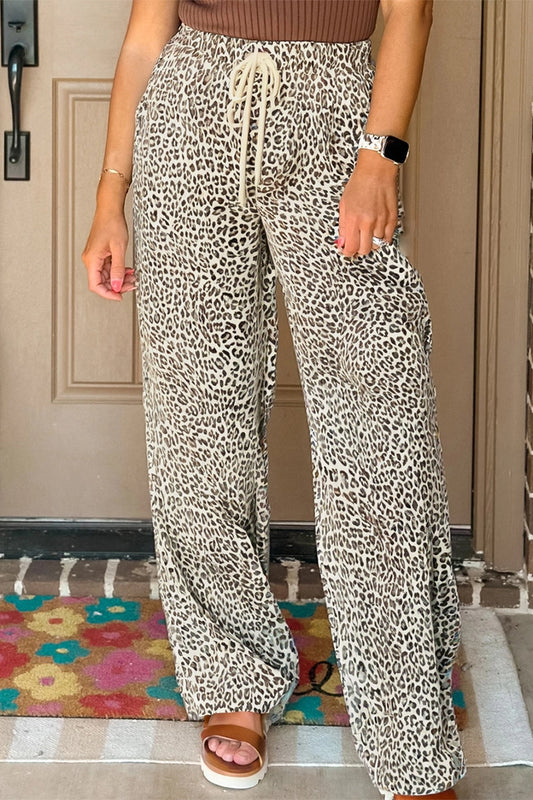 Ladies Jovanna Leopard Drawstring Elastic Waistband Loose Pants