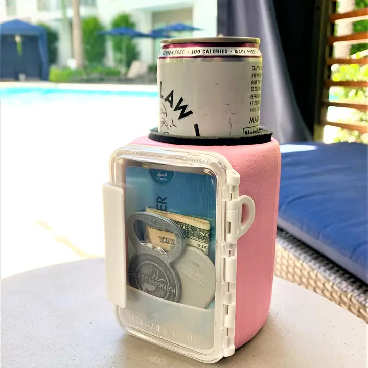 Kangaroozie Koozie with Pocket for Slim Cans-Pink/White