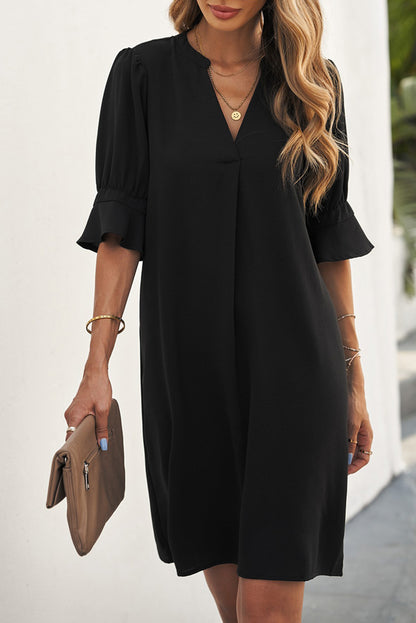 Ladies Black Ruffled Sleeve Shift Dress