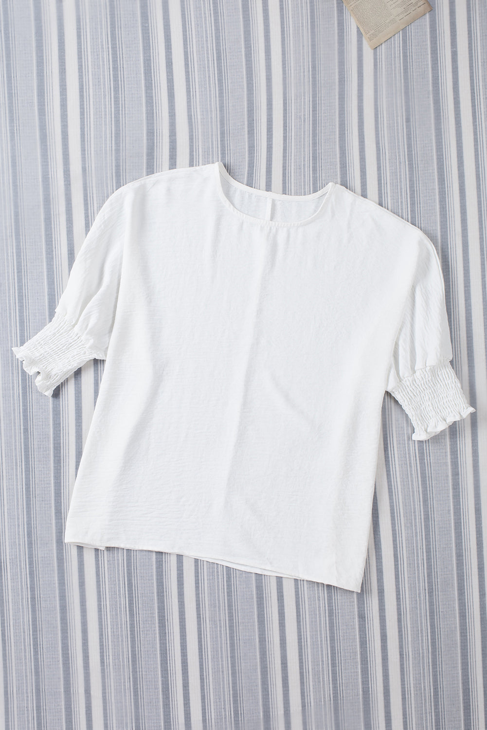 Ladies White Smocked Wrist Shift Top-White