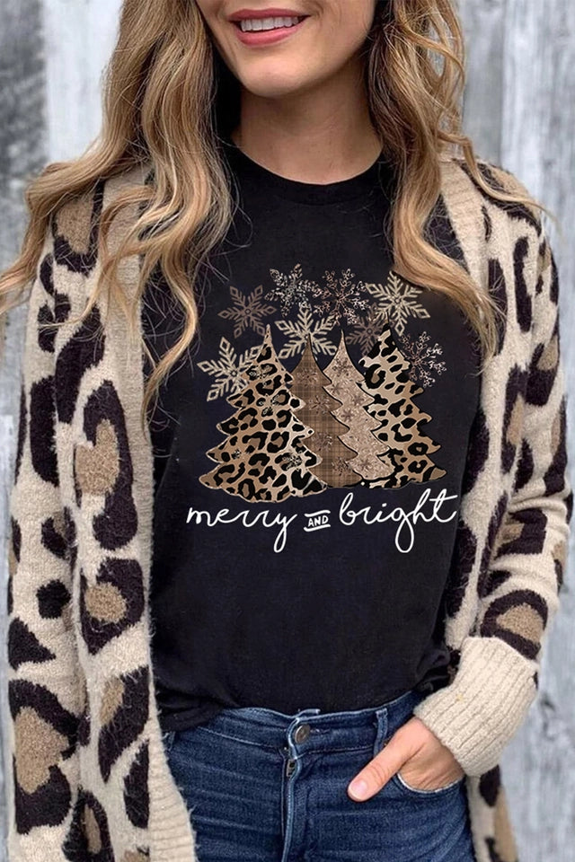 Ladies Leopard Print Christmas Tree Graphic Holiday T Shirt-Black