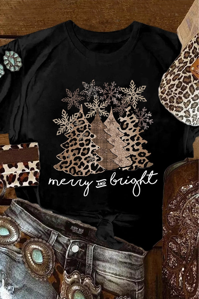 Ladies Leopard Print Christmas Tree Graphic Holiday T Shirt-Black