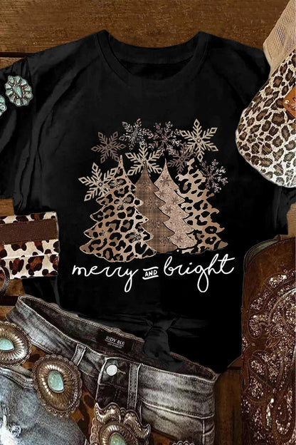 Ladies Leopard Print Christmas Tree Graphic Holiday T Shirt-Black