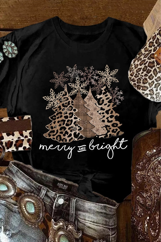 Ladies Leopard Print Christmas Tree Graphic Holiday T Shirt-Black