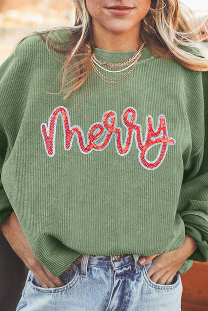 Ladies Grass Green Sequined merry Letter Graphic Twisted Ribbed Baggy Sweatshirt