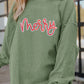 Ladies Grass Green Sequined merry Letter Graphic Twisted Ribbed Baggy Sweatshirt