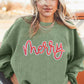 Ladies Grass Green Sequined merry Letter Graphic Twisted Ribbed Baggy Sweatshirt