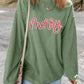 Ladies Grass Green Sequined merry Letter Graphic Twisted Ribbed Baggy Sweatshirt