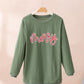Ladies Grass Green Sequined merry Letter Graphic Twisted Ribbed Baggy Sweatshirt